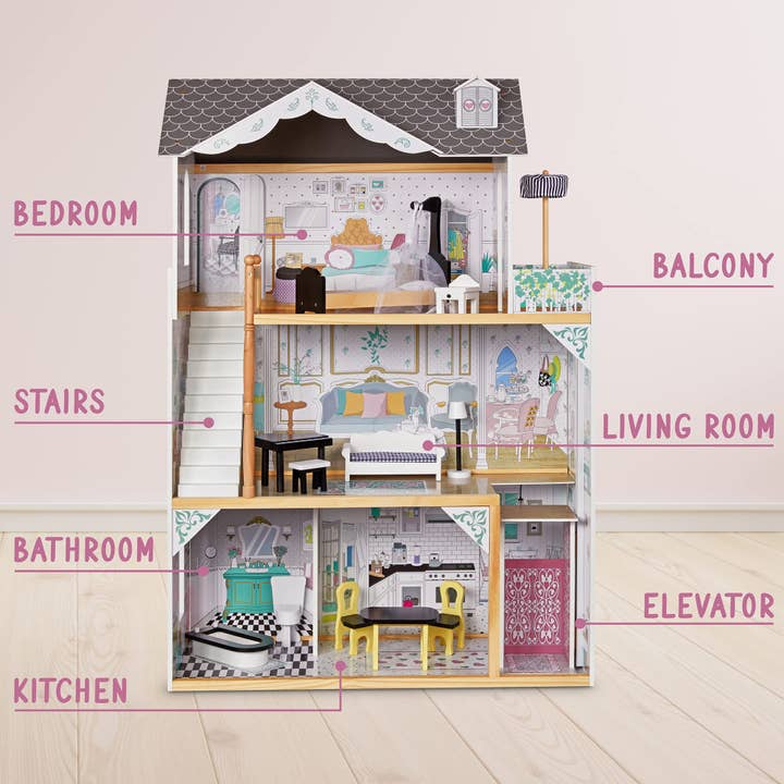 Jumbl - Wholesale Doll Accessory Kit - Kids - 3-Story Wooden Doll House Set W/Elevator, Balcony & Stairs8