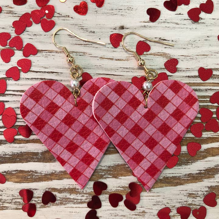 Red Pink Plaid Mini Heart Leather Pearl Earrings for wholesale by Kate Tuesday Jewelry