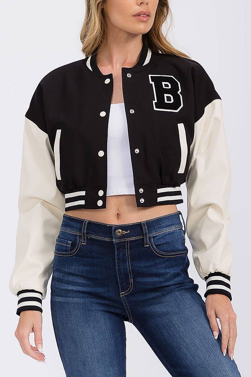 ROUSSEAU - Wholesale Varsity/Baseball Jacket - Women's - PLEATHER SLEEVE BUTTON CLOSURE VARSITY JACKET7