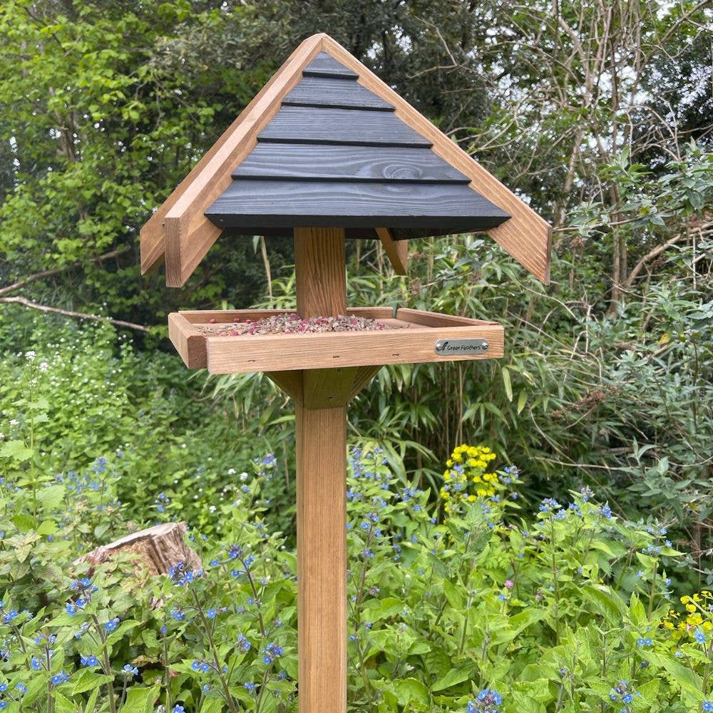 Green Feathers – wholesale Bird feeder – Charcoal Roof Bird Table with Mounting Stake2