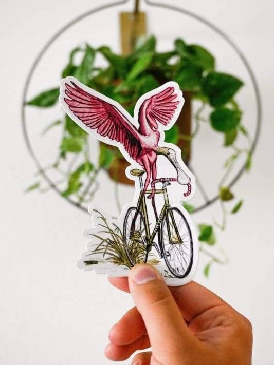 Spoonbill på en cykel vinyl klistermærke for engroshandel hos Dark Cycle Clothing