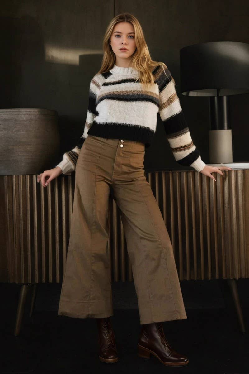 COFFEE CWBLP01213_SOLID COLOR CASUAL PATCHWORK WIDE-LEG PANTS for wholesale on Faire2