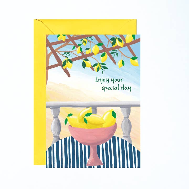 Lemons On Balcony Card for wholesale by Charlotte Farr Illustrations