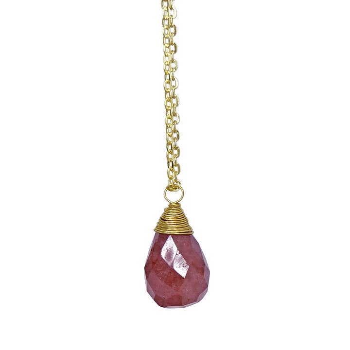 Gold-Plated Strawberry Quartz Teardrop Necklace for wholesale by Anju Jewelry