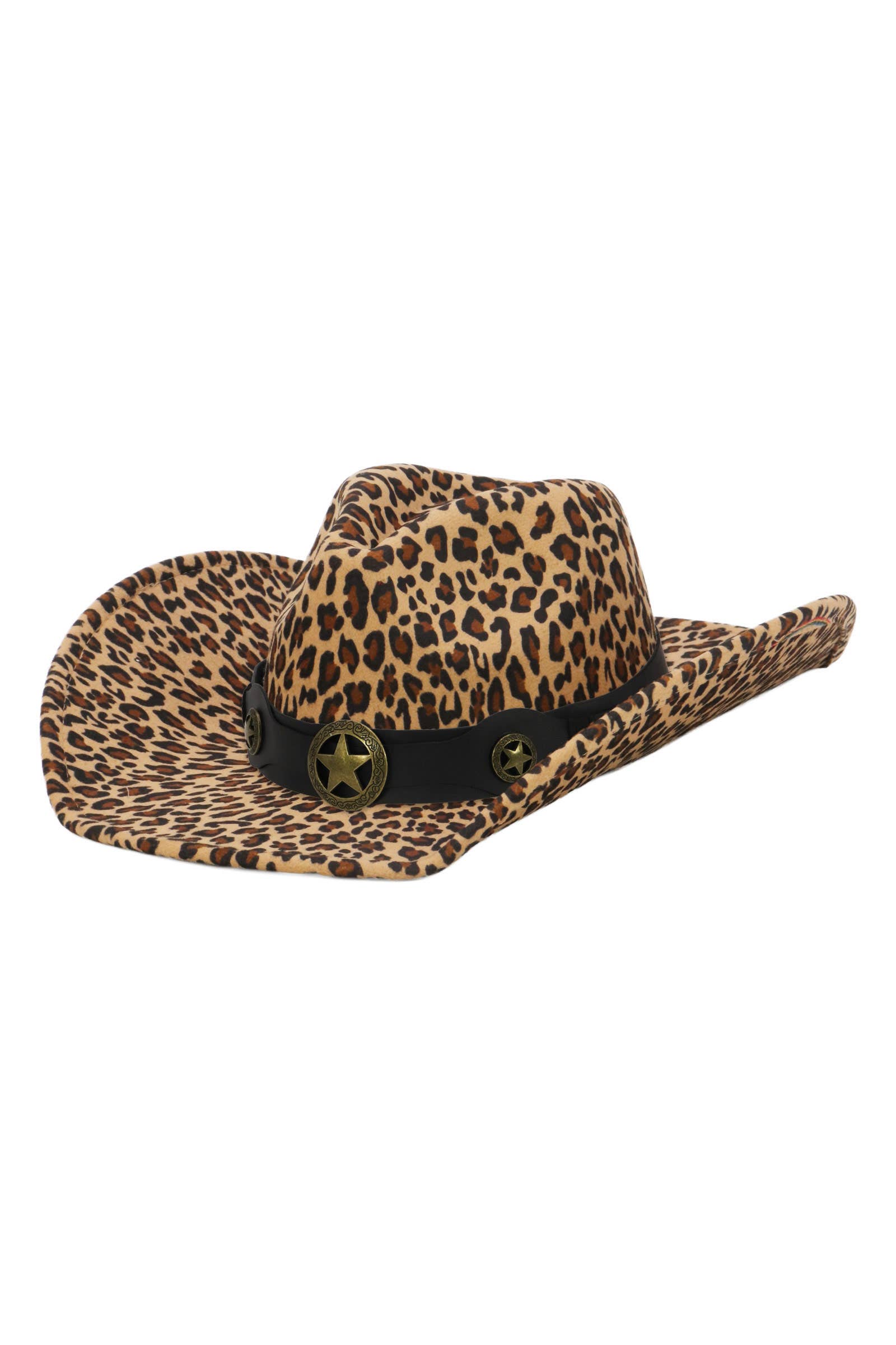Cap Zone – Chapéu de cowboy - Mulher por atacado – Chapéu de Cowboy de Feltro com Cinto de Estrela de Bronze e Padrão de Leopardo Falso0
