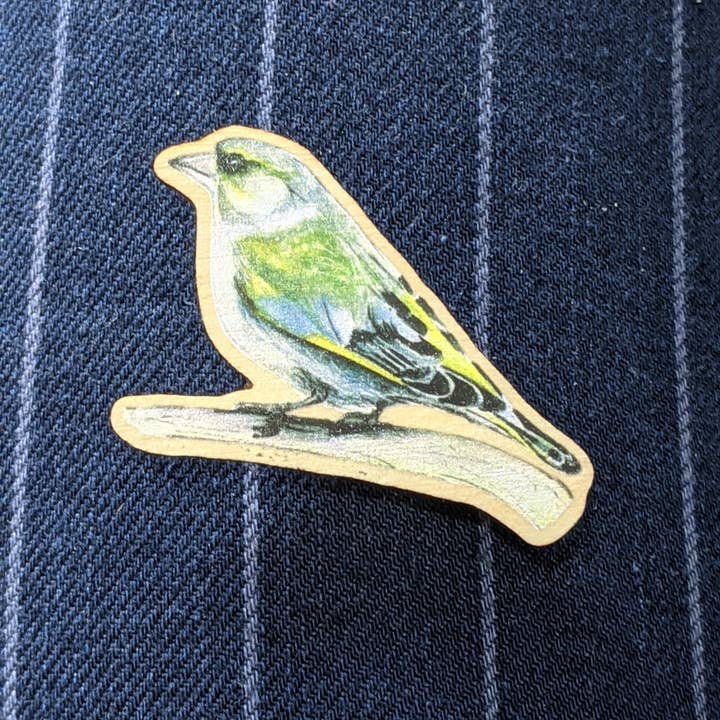 Greenfinch Bird Wooden Pin Badge for wholesale by Hodgepodge