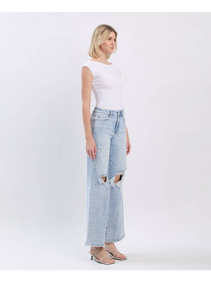 SLICK HIGH RISE DISTRESSED WIDE JEANS LV1862 for wholesale on Faire