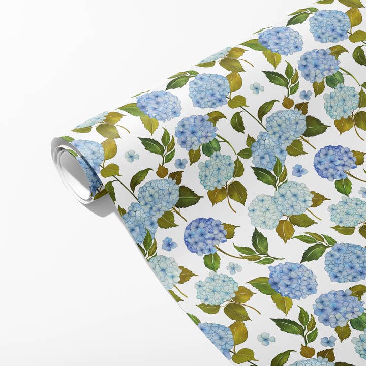 KelseyMDesigns - Wholesale Wrapping Paper Roll - Blue Hydrangea Pattern Wrapping Paper - 3 Sheet Roll