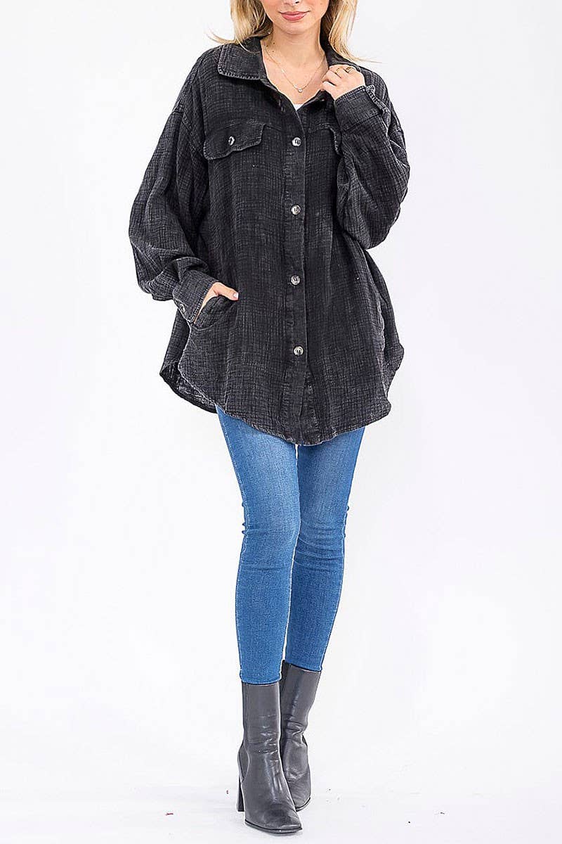 ROUSSEAU - Wholesale Button Down Shirt - Women's - BUTTON UP FRONT POCKETS WASHED OVERSIZED SHIRT5