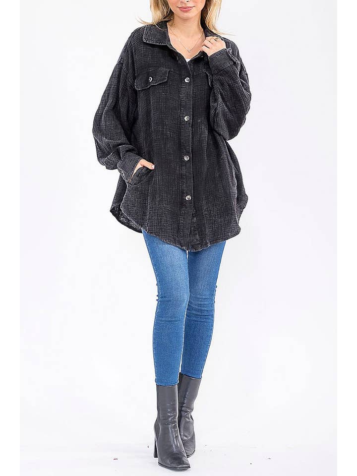 ROUSSEAU - Wholesale Button Down Shirt - Women's - BUTTON UP FRONT POCKETS WASHED OVERSIZED SHIRT5