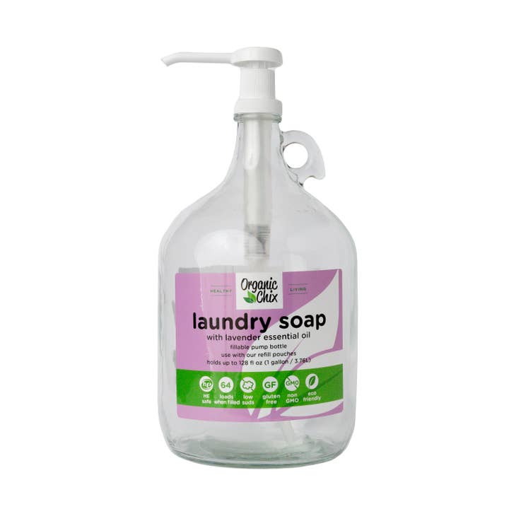 Laundry Soap, Empty 1 Gallon Glass Jug (sold empty purchase with a 96 oz laundry soap pouch) for wholesale by Organic Chix