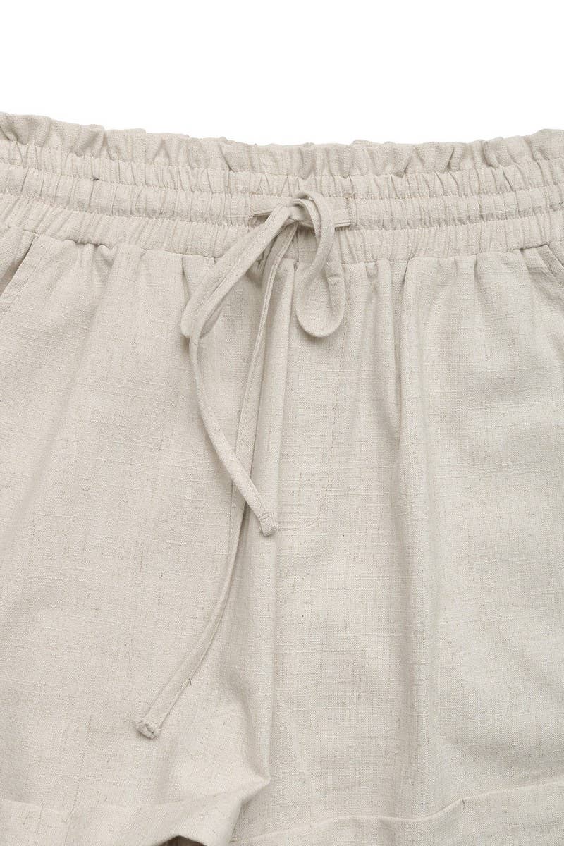 KHAKI CWBSP0509_HIGH-WAIST ELASTIC CASUAL LINEN SHORTS for wholesale on Faire6