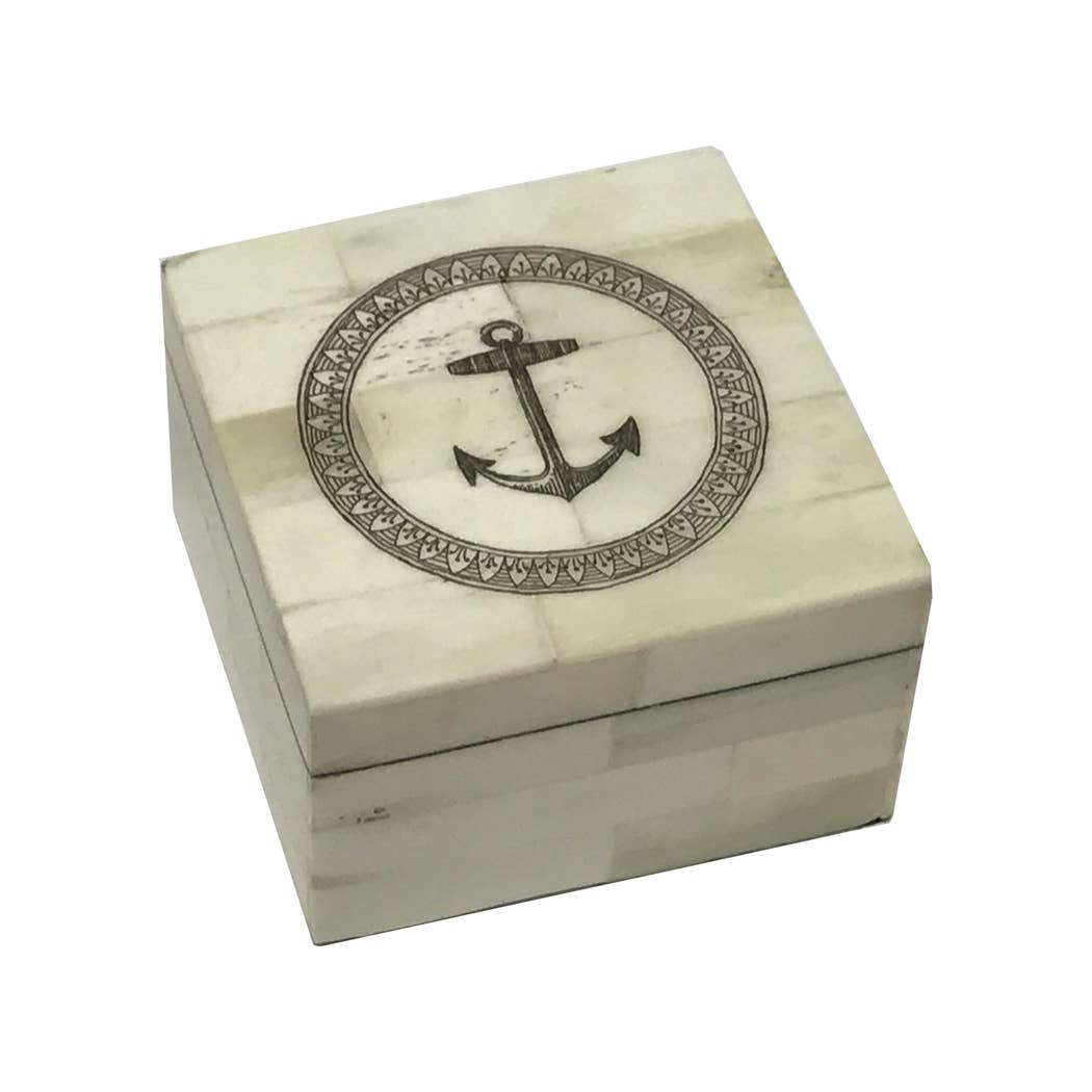 Madison Bay Co. - Historical Home Decor Reproductions - Wholesale Decorative Box - Anchor In Circle Engraved White Bone Box, 3-1/4"