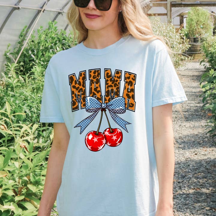 Leopard Mama With Cherries Blue Bow Comfort Color Tshirt for wholesale by Classy and Sassy Creations and Boutique