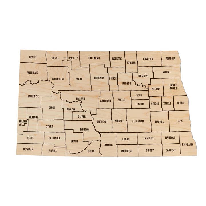 North Dakota County Map Wall Hanging - Crafted from Cherry or Maple Wood for wholesale by LazerEdge
