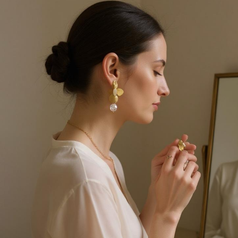 Athena Bridal Jewellery - Vendita all'ingrosso Orecchini pendenti - COLLEZIONE ATHENA - ORECCHINI PENDENTI CON PERLA E FIORE - CZER875 ORO8