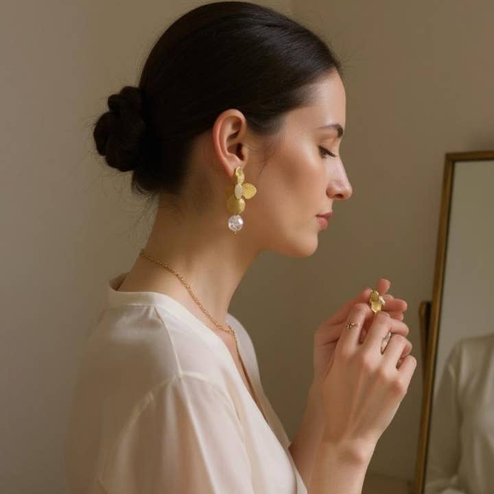 Athena Bridal Jewellery - Vendita all'ingrosso Orecchini pendenti - COLLEZIONE ATHENA - ORECCHINI PENDENTI CON PERLA E FIORE - CZER875 ORO8