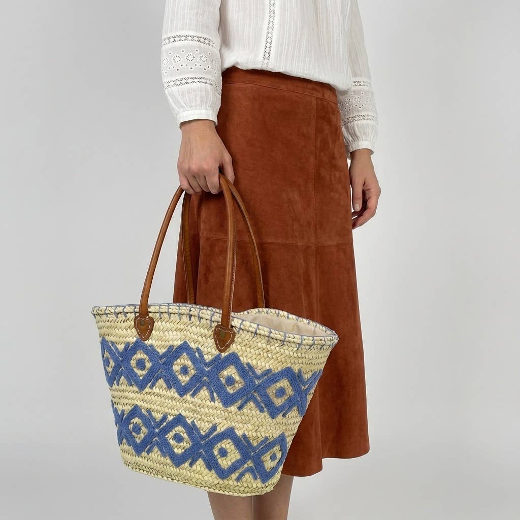 Melecraft - Vente Paniers - Cabas de marché en paille brodé d'arabesques avec poignées en cuir7