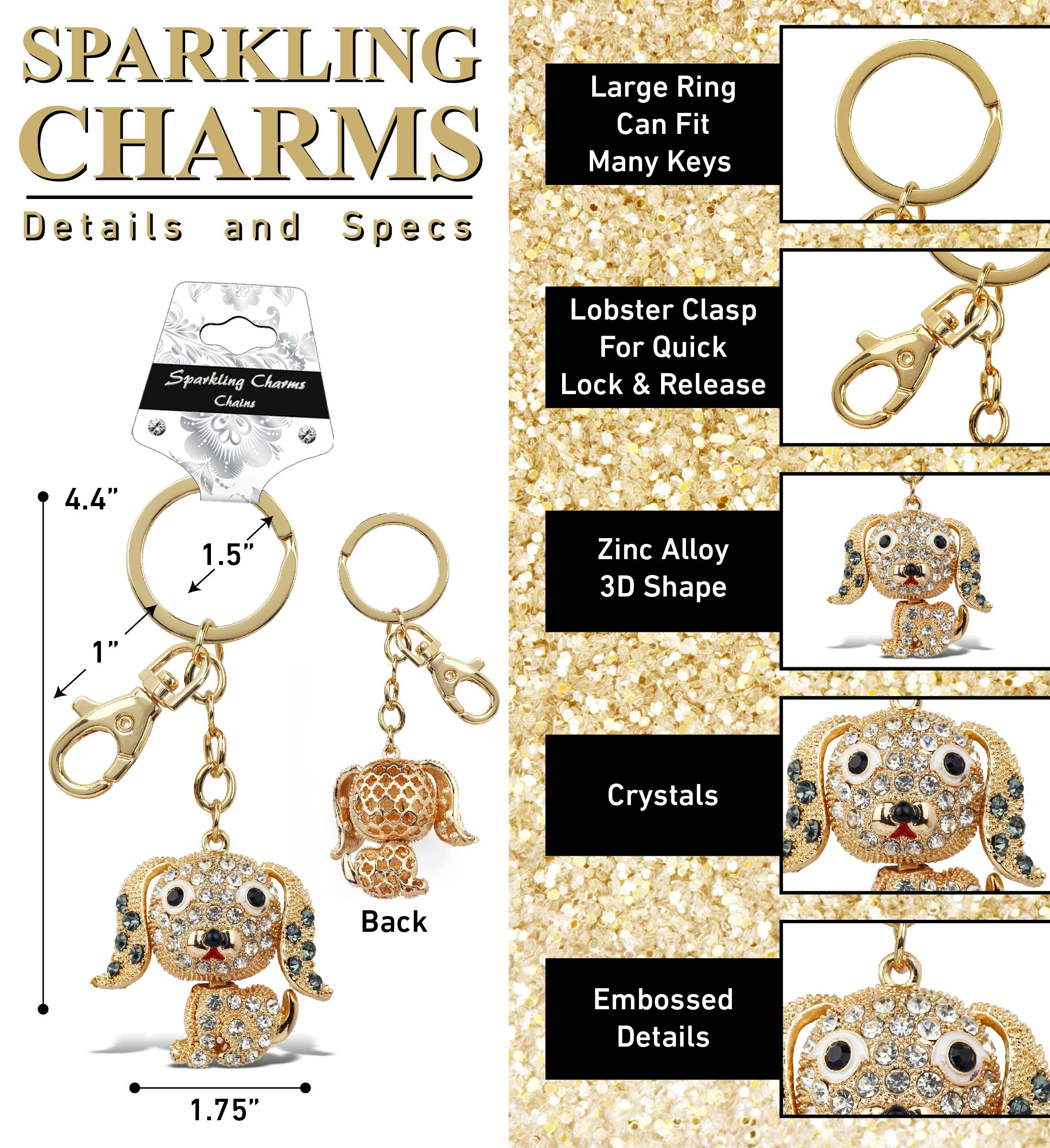 Cota Global - Wholesale Keychain - Unisex - Gold Sparkling Charms - Cute Beagle Dog1