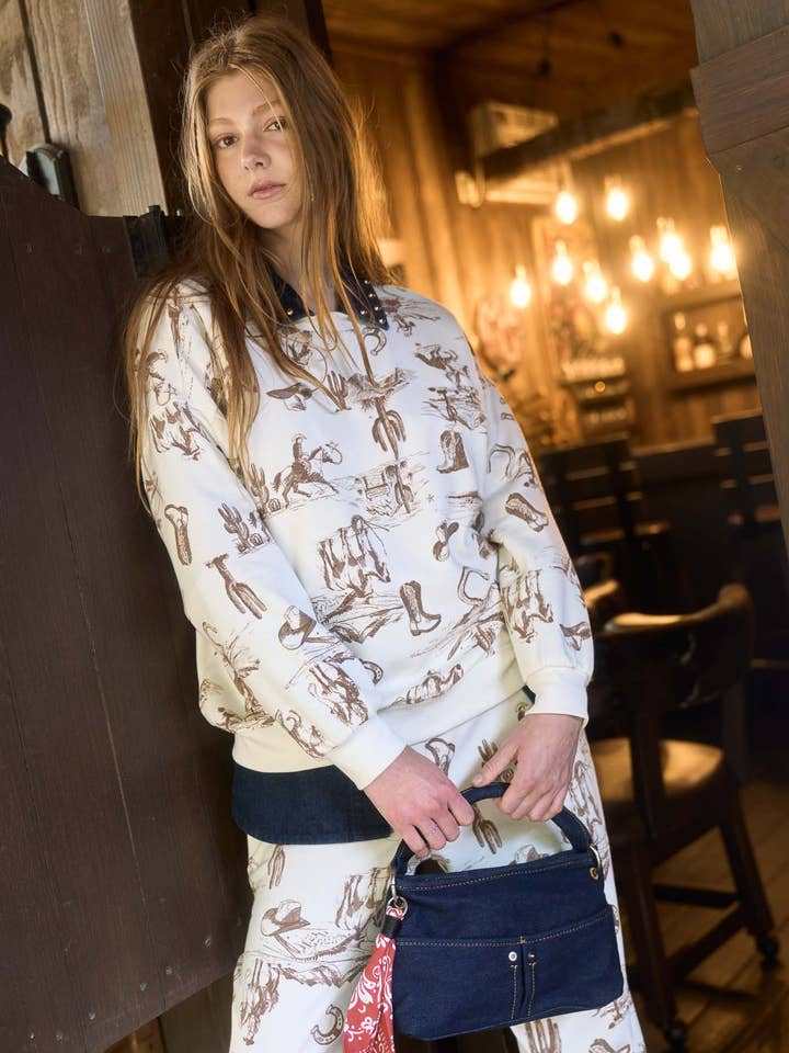 WESTERN PRINT CREW NECK LONG SLEEVE KNIT TOP for wholesale by Blu Pepper