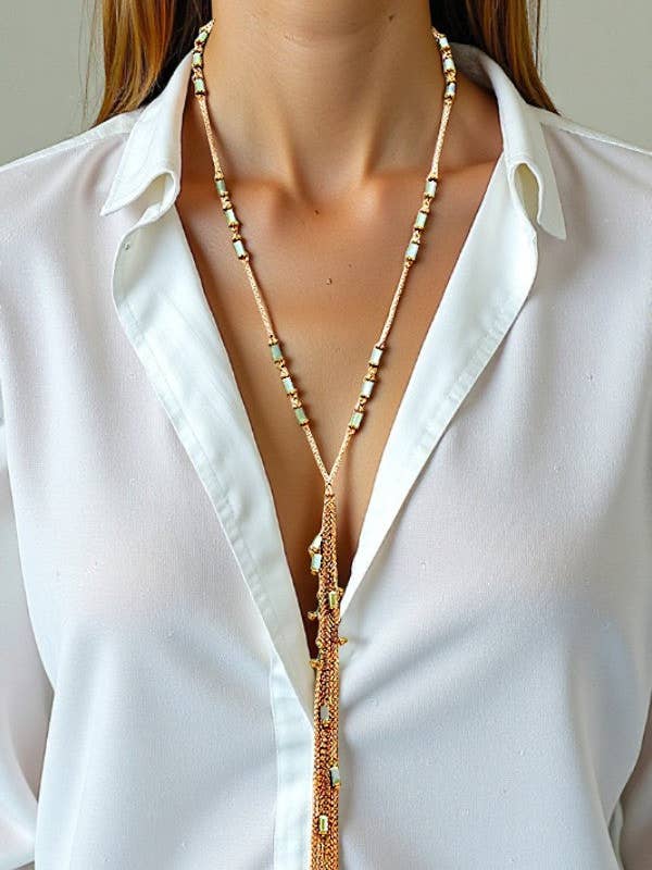 MIX TUBE BEAD CHAIN TASSEL LONG LARIAT NEKCLACE AND TUBE BEADS DROP EARRING SET for wholesale by Andrea Bijoux