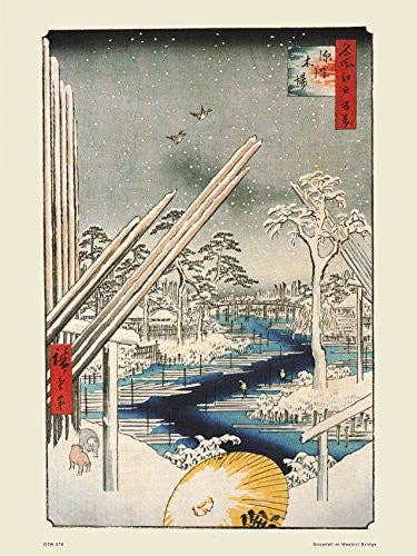 Póster de Hiroshige Japanese Snowfall at Washiri Bridge, 30 x 40 cm para venta al por mayor de On The Wall Art Ltd