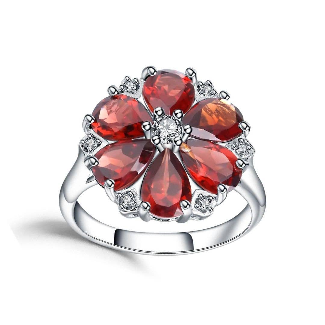 FCJ Jewelry LLC - Wholesale Cocktail/Statement Ring - Rhodium Plated Silver Natural Garnet Flower Fashion Ring