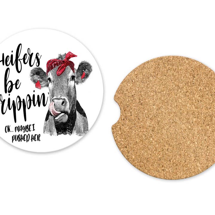 Heifers Be Trippin' Car Coasters, Set of 2, MDF and Cork for wholesale by The Adirondack Studio