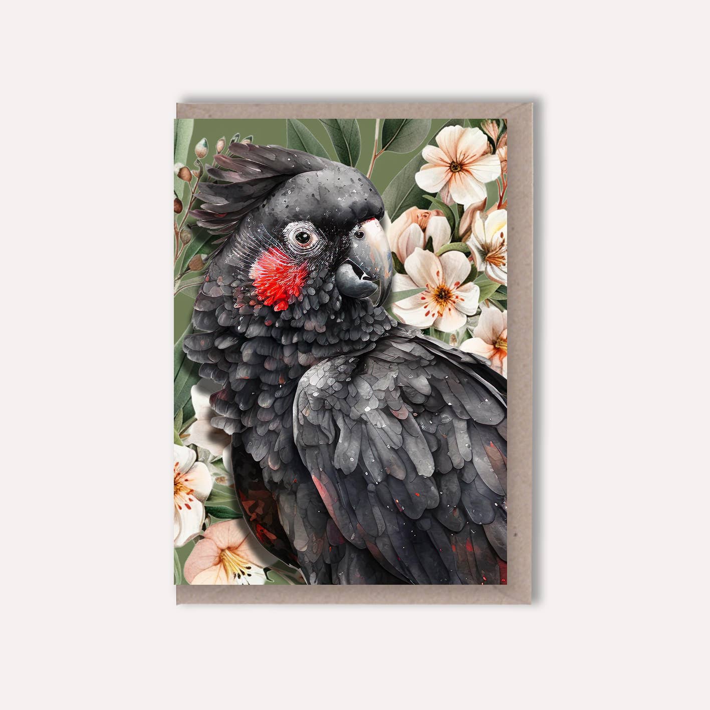Scattered Seed Co - Wholesale Everyday greeting card - Australian Black Cockatoo on Native Florals greeting card