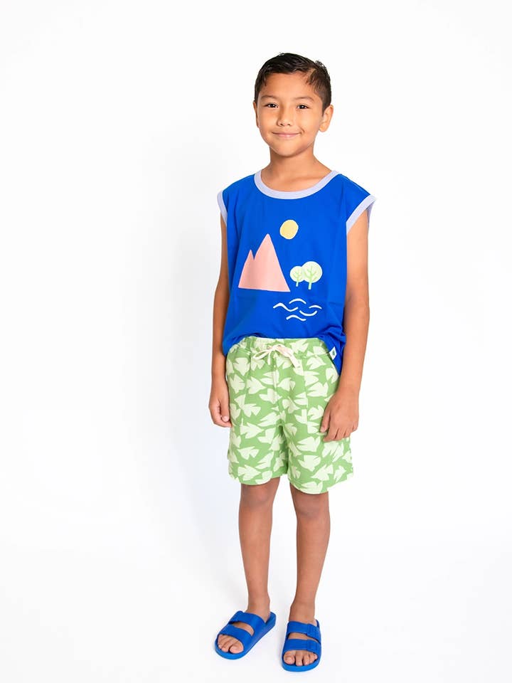 Crann Organic - Wholesale Shorts - Kids - Kids' Organic Cotton Shorts - Green Bird Print2
