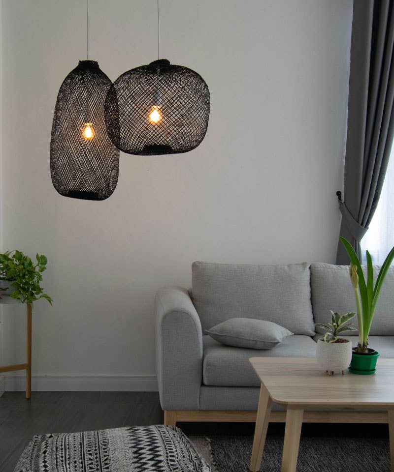 Lanna Passa - Wholesale Chandelier/Hanging Light - Lanna Thai Bamboo Light - Black Shade & Ceiling Version2