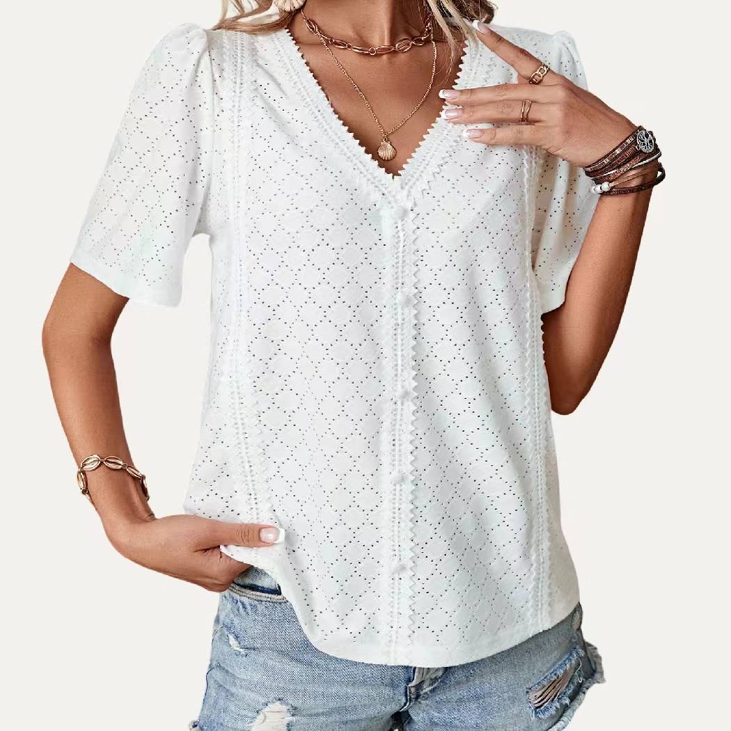The Moment Collection - Wholesale Blouse - Women's - On-Trend Sheer V Neck Pierced Pointelle Short Sleeve Top2