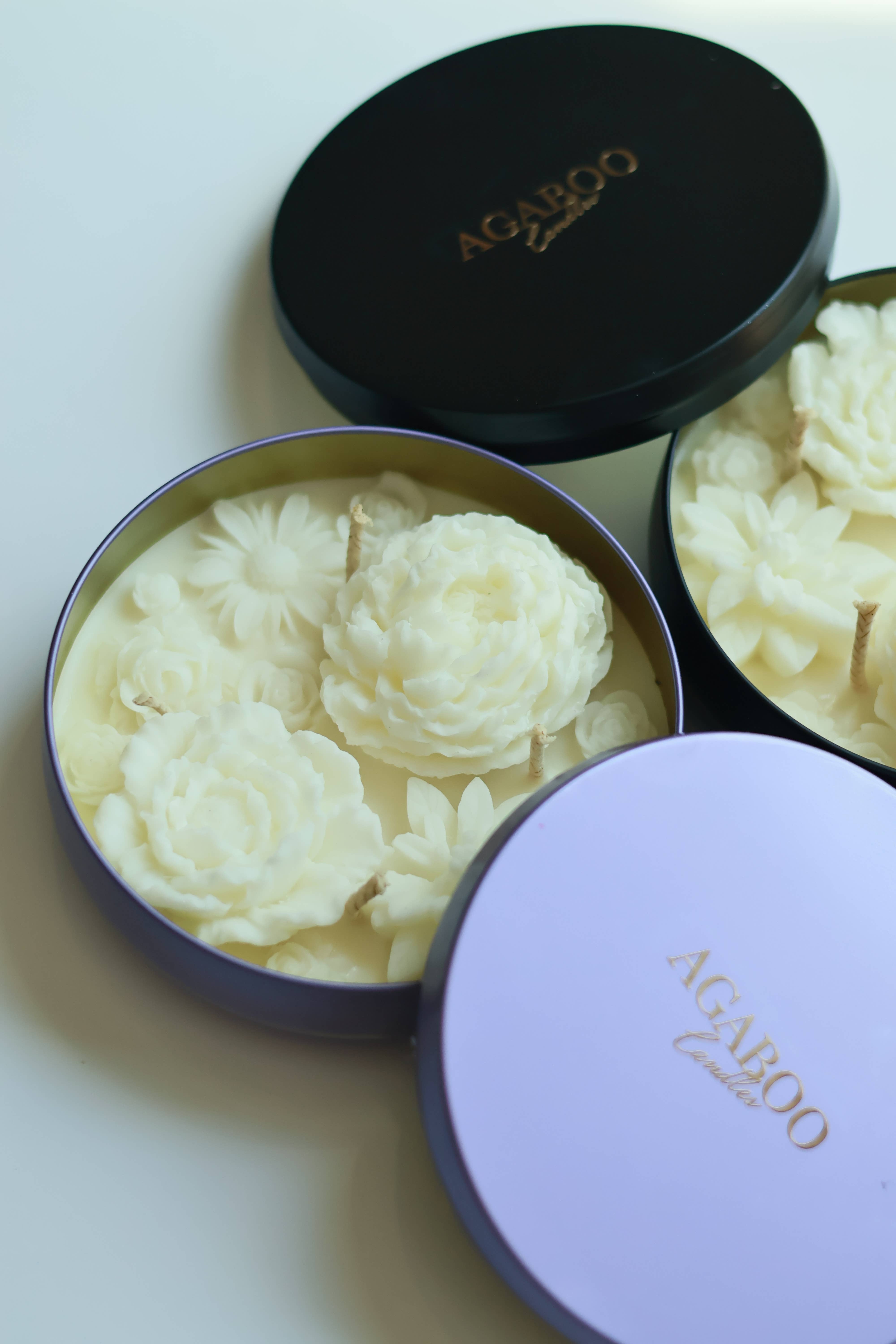 Agaboo Candle – Großhandel Kerze im Glas / gefüllte Kerze – Handgefertigte Flower Blossom Kerze 340 g (12 oz), 2x14 cm – Metallbehälter11