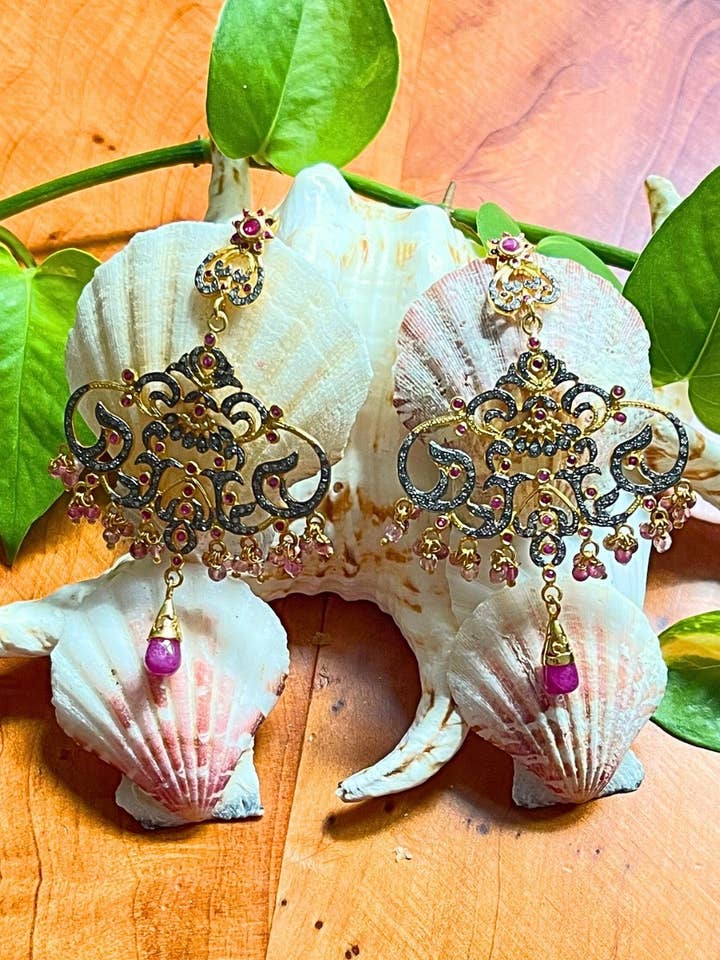 Diamonds and Ruby Briolettes Chandelier Earrings Gold | Sivalya for wholesale by Sivalya