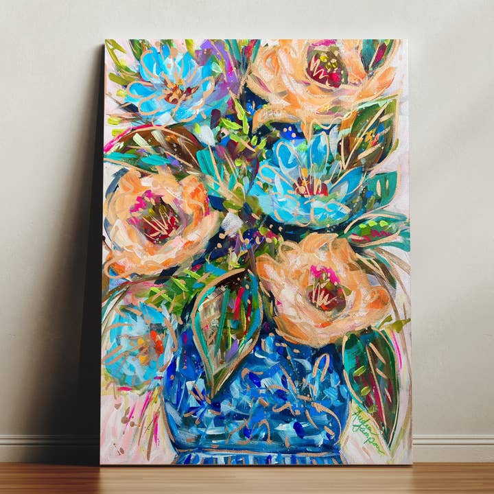 Orange og blå blomsterbuket lærredstryk - Blomsterkunstmaleri for engroshandel hos Audra Style