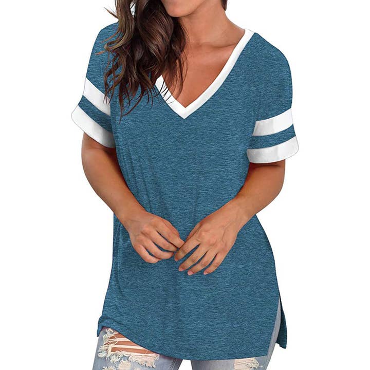 KK Bloom – wholesale Tunic – Women’s – Solid Color V-neck Stitching Short-sleeved Loose T-shirt