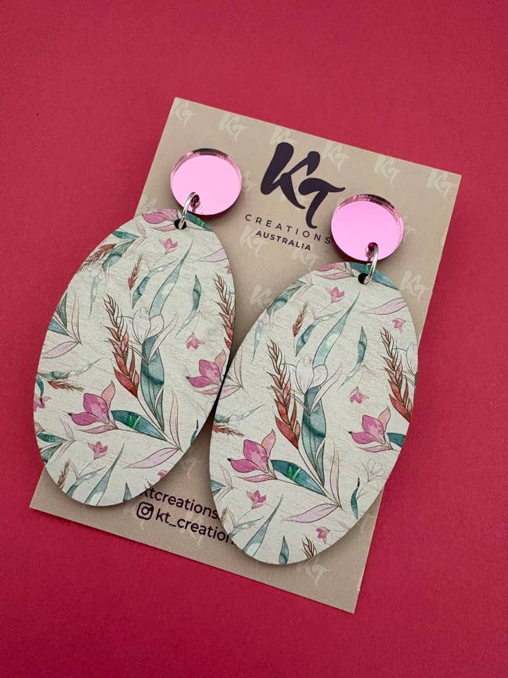 Wooden Pink Aussie native Statement dangles for wholesale by KT Creations Australia