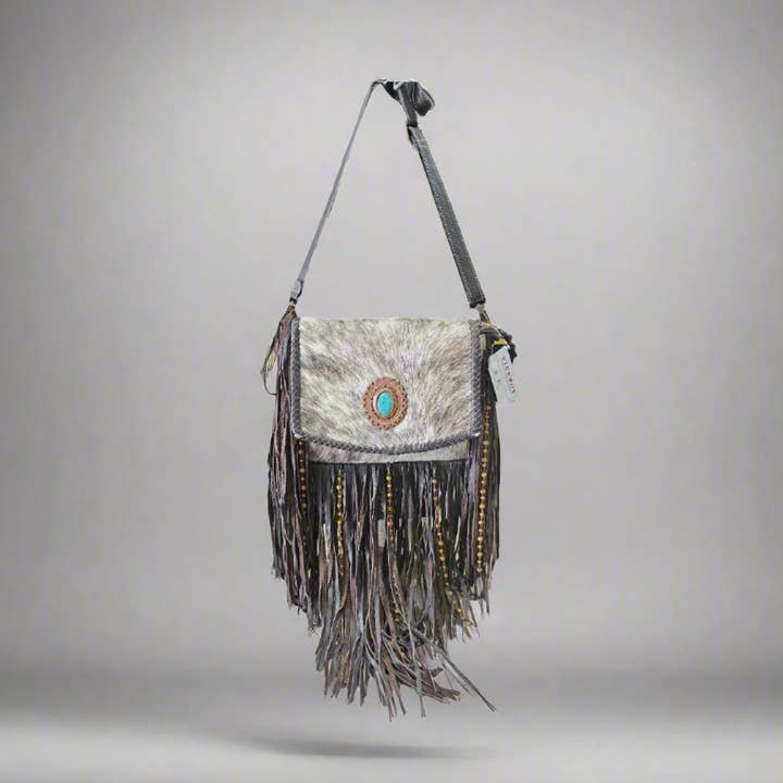 LV-07 Large Cowhide Shoulder bag w/ fringes and beads for wholesale by Viceroy Leathers