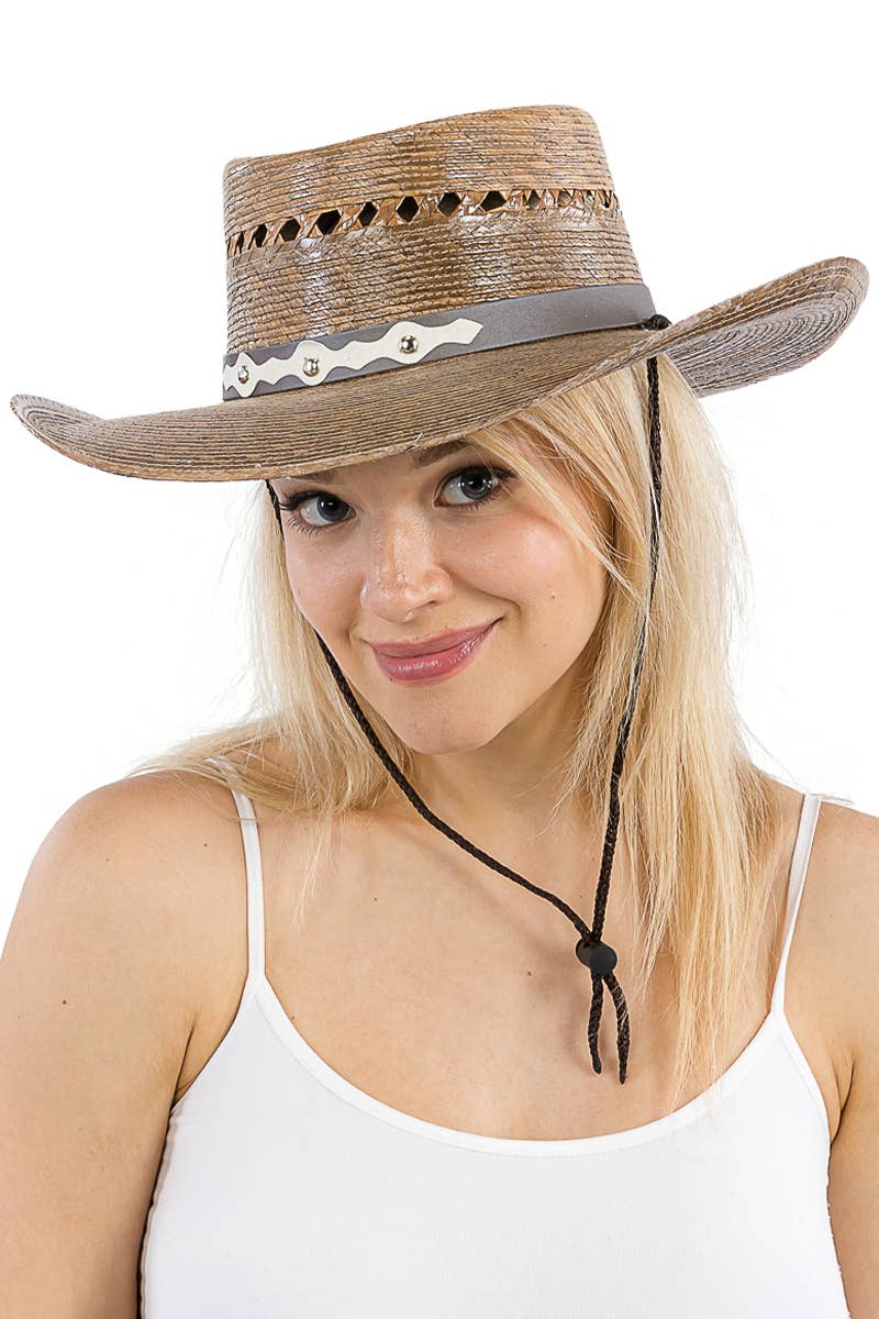 Cap Zone - Wholesale Cowboy Hat - Women's - Round Porkpie Crown Palm Straw Cowboy Hat9