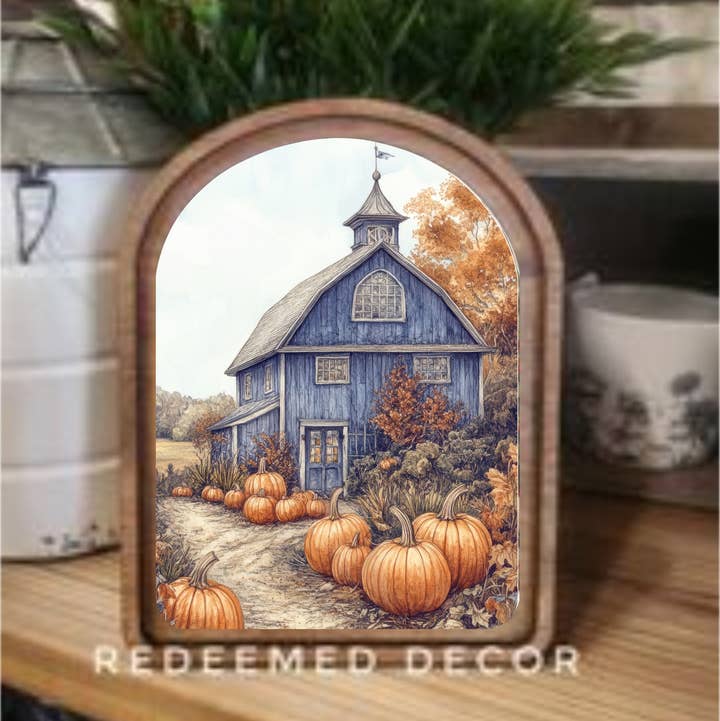 Redeemed Decor - Wholesale Wood Wall Art - Arch Top Blue Fall Barn Framed Art