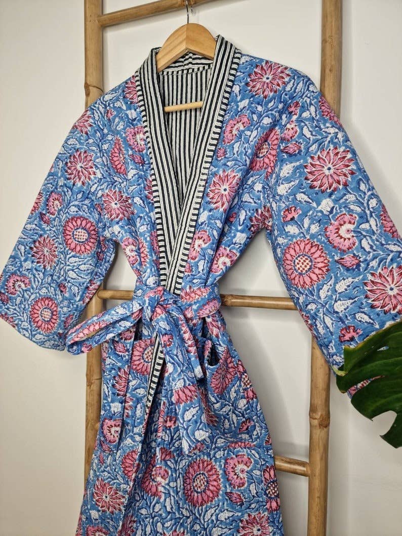 Essential Designs London - Wholesale Robe - Women's - Quilted Unisex Pure Cotton Reversible Long Length Autumn Winter Dressing Boho Kimono Robe HandBlockprint Floral Blossom Green Blue Stripe2