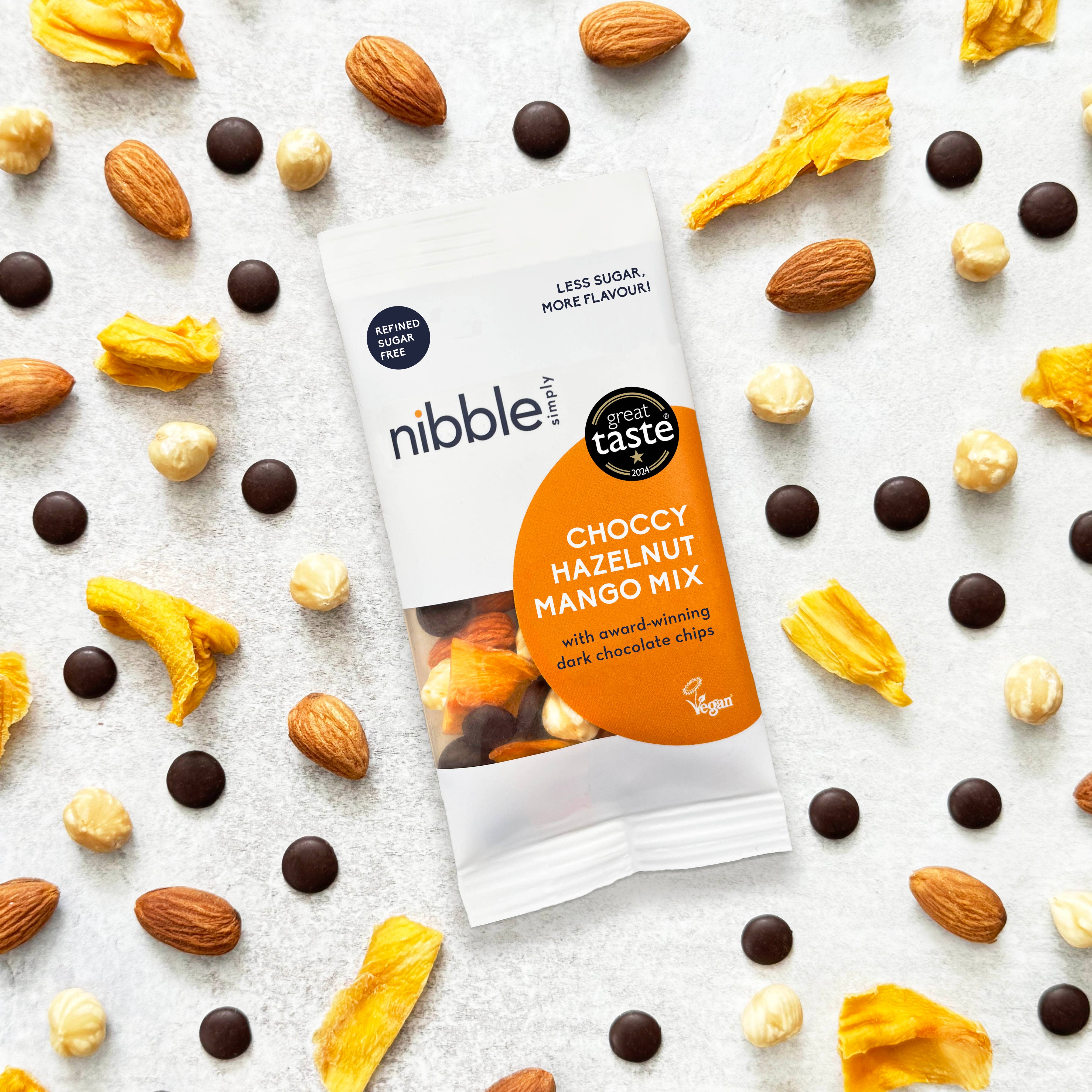 Nibble Simply – wholesale Trail mix – CHOCCY HAZELNUT MANGO MIX, 32g (HFSS-compliant, UPF-free)5