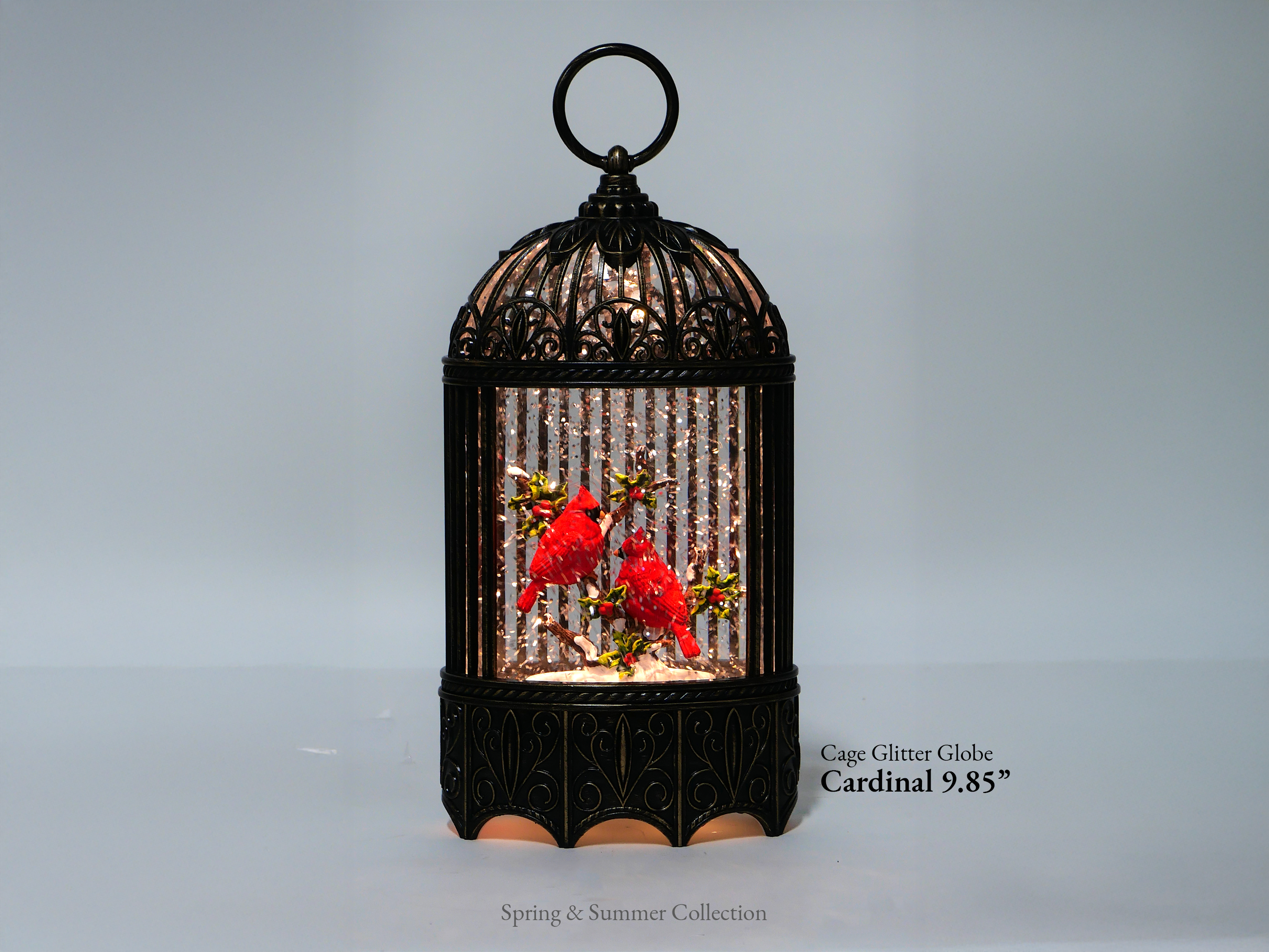 IEGIFT - Wholesale Decorative Tabletop Object - 9.85" Lighted Cardinal Birdcage Glitter Lantern Decor0