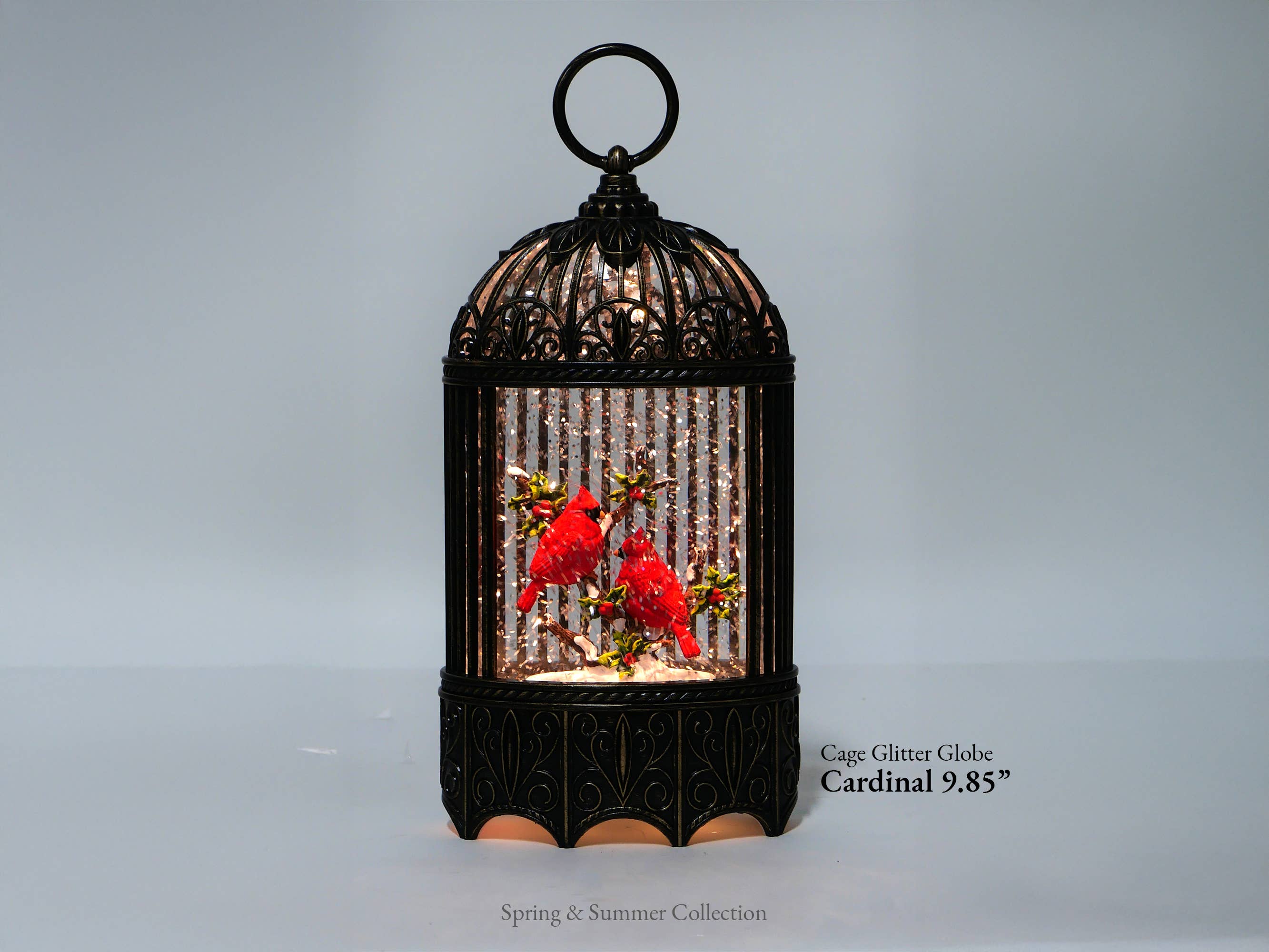 IEGIFT - Wholesale Decorative Tabletop Object - 9.85" Lighted Cardinal Birdcage Glitter Lantern Decor