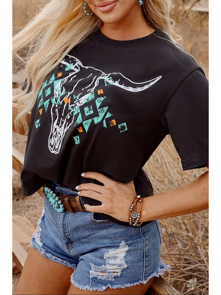 Carbon Grey Western Aztec Short Sleeve T-Shirt for wholesale on Faire