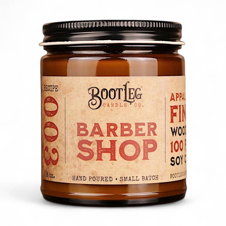 Barbershop - 8oz Soy Wax, Wood Wick Candle for wholesale by Bootleg Candle Company