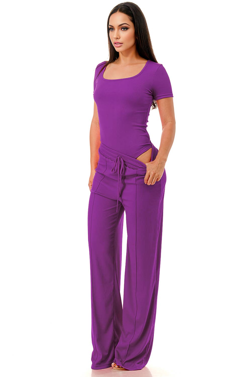 Color 5 - Wholesale Top & Pant Set (NOT Loungewear) - Women's - Slinky short sleeve body suit with flare pants fashion set21