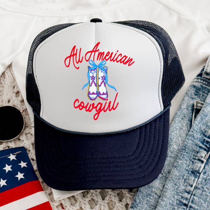 All American Cowgirl Trucker Hat 4th Of July USA for wholesale by Gia Gifts Boutique