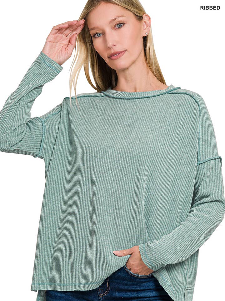 .1014 Ribbet Drop Shoulder Rund Hals Sweater SI-27218 for engroshandel hos 42POPS