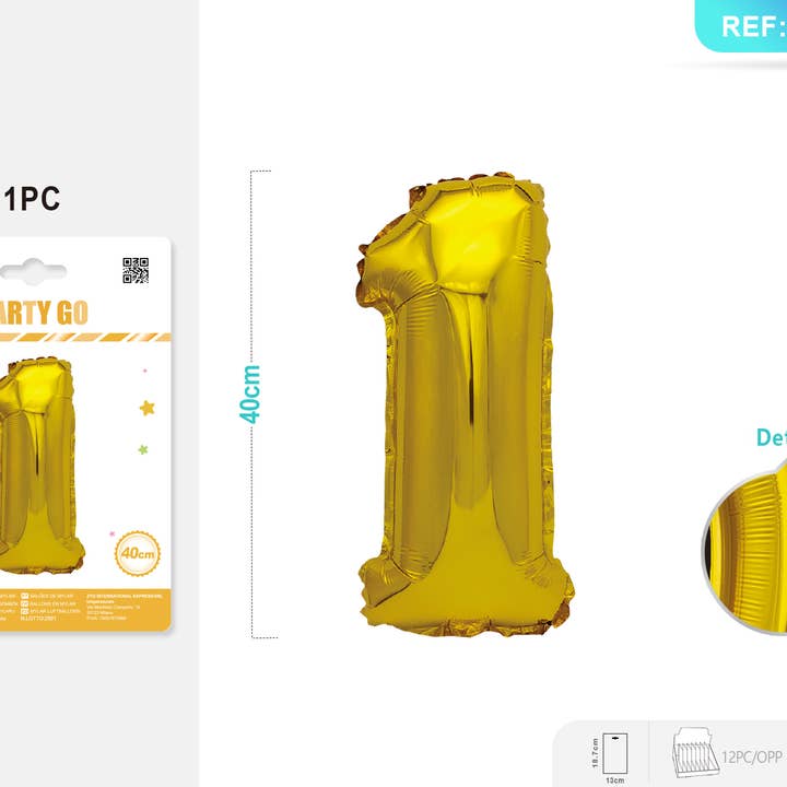 40CM Gold Number 1 Foil Balloon Pack 1PCS*12PACKS for wholesale by Party Go